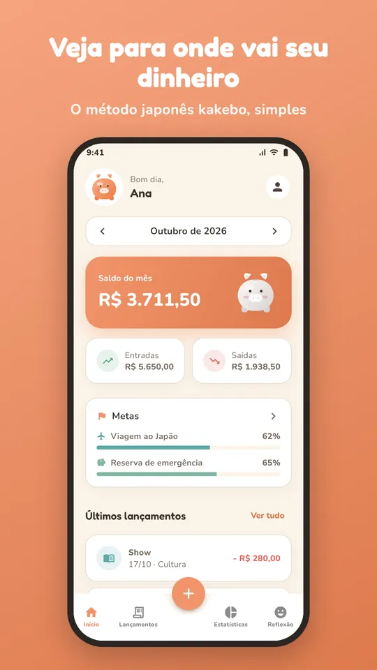 Tela inicial do Kakeibow com saldo do mês, entradas, saídas e metas