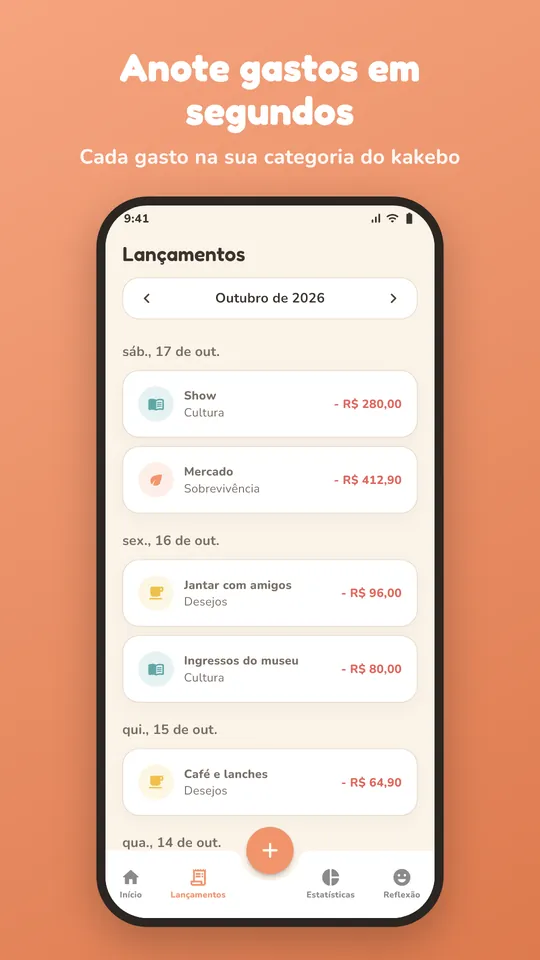 Lista de lançamentos do Kakeibow organizada por dia e categoria