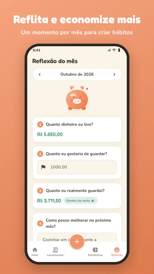 Tela de reflexão mensal do Kakeibow com as quatro perguntas do método