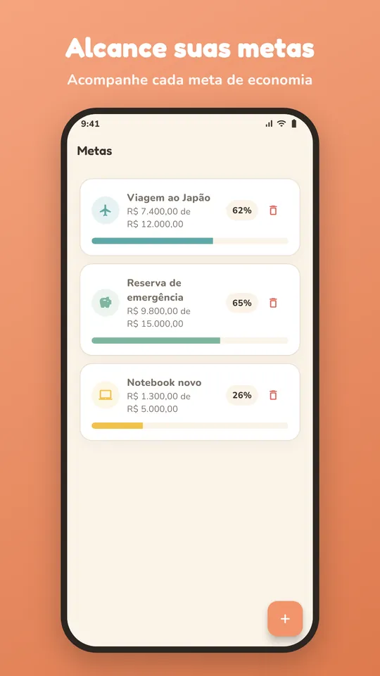 Tela de metas do Kakeibow com barras de progresso