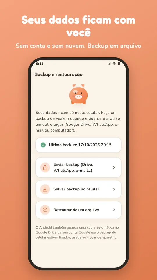 Tela de backup e restauração em arquivo do Kakeibow