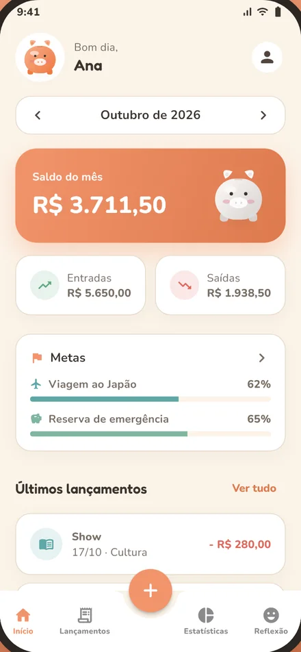Tela inicial do Kakeibow com saldo do mês, metas e últimos lançamentos